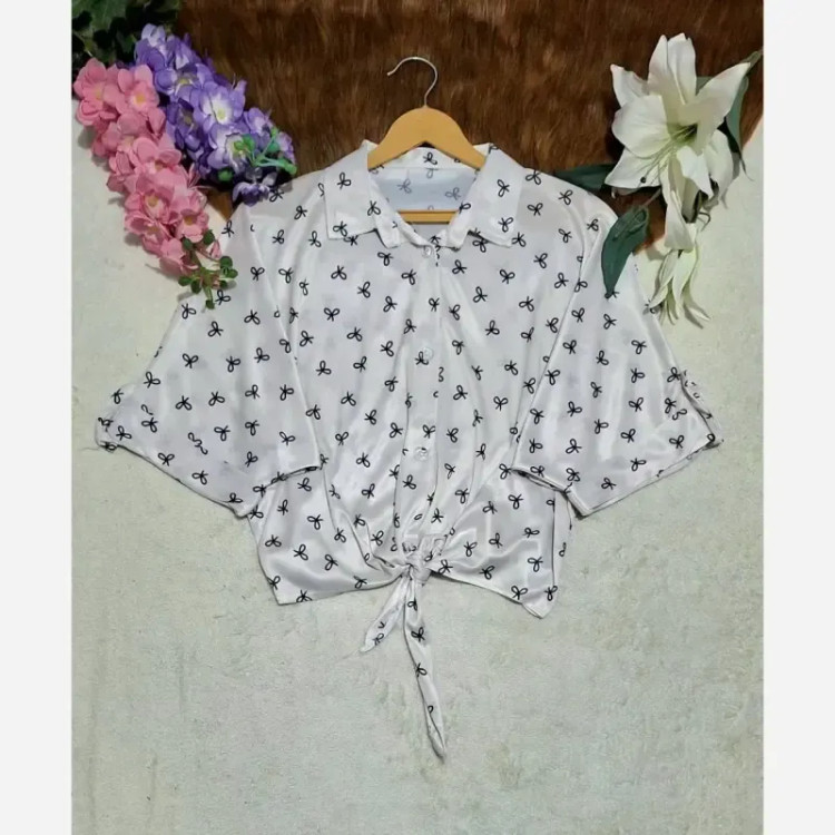 شومیز گره ای چاپی پاپیونی جنس پری صابونی شیشه ای فری سایز