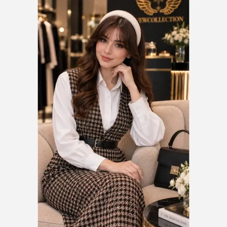 ست شومیز و سارافون زنانه جنس پیردوبل و اسکاچی سایز فری 38 تا 46 رنگ تک رنگ کمربند مشکی
