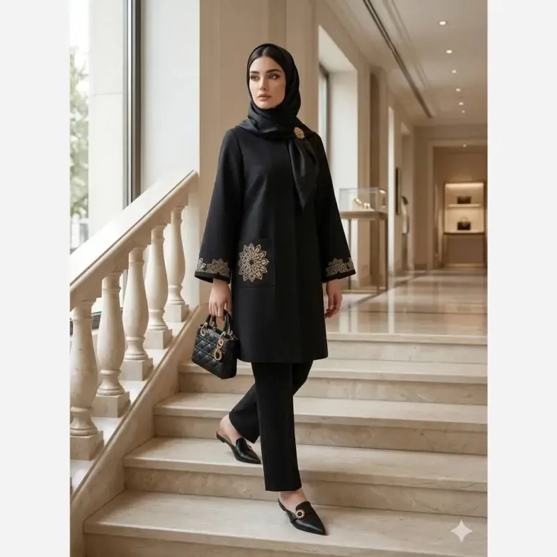 مانتو زنانه شانتون اسلپ گلدوزی شده مدل راز قد 91 سایز بزرگ تا 56